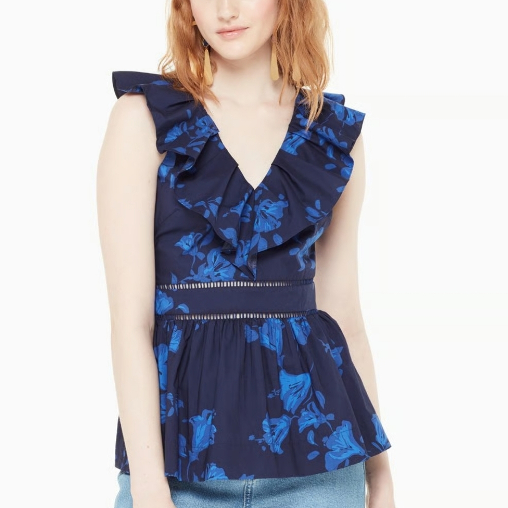 Kate Spade hibiscus ruffle neck top Size 8